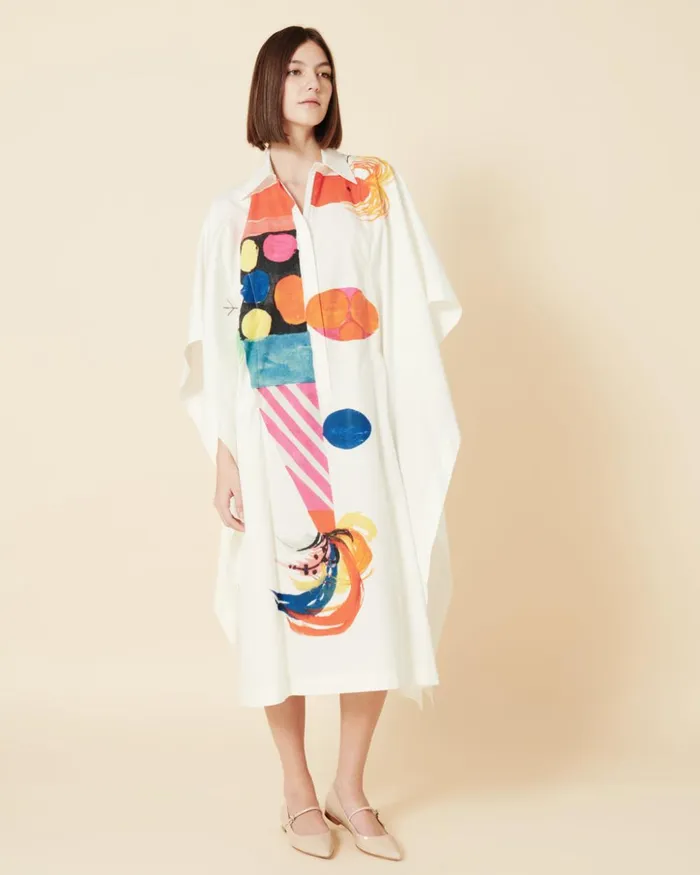 Cotton Caftan Dress With Rooster Print Ecrumulticolor Women Akris Dresses
