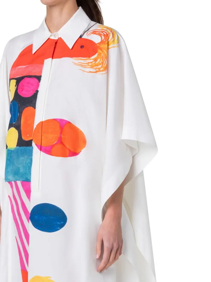 Cotton Caftan Dress With Rooster Print Ecrumulticolor Women Akris Dresses