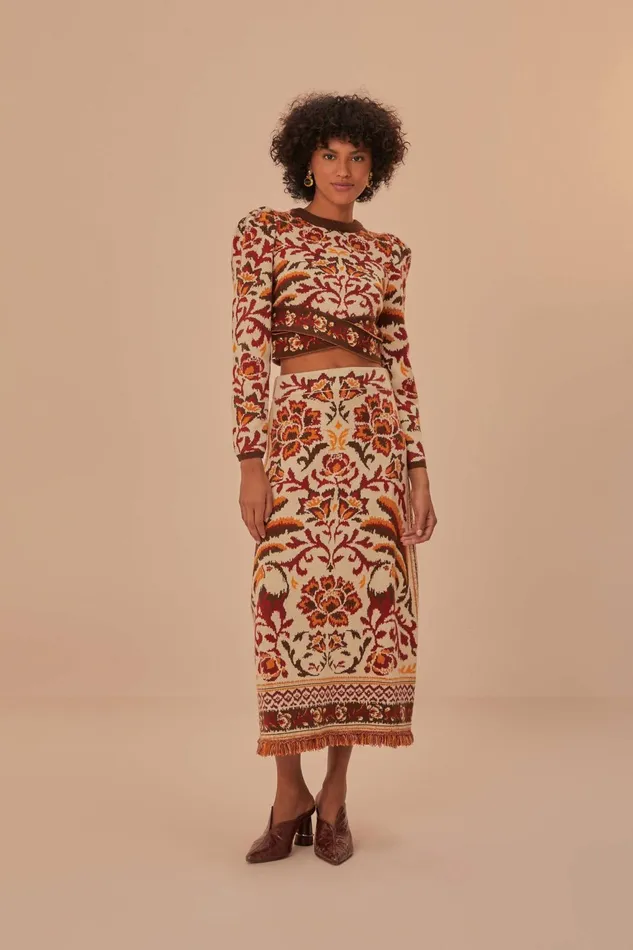 Cream Toucans Scarf Knit Midi Skirt Women Farm Rio Skirts