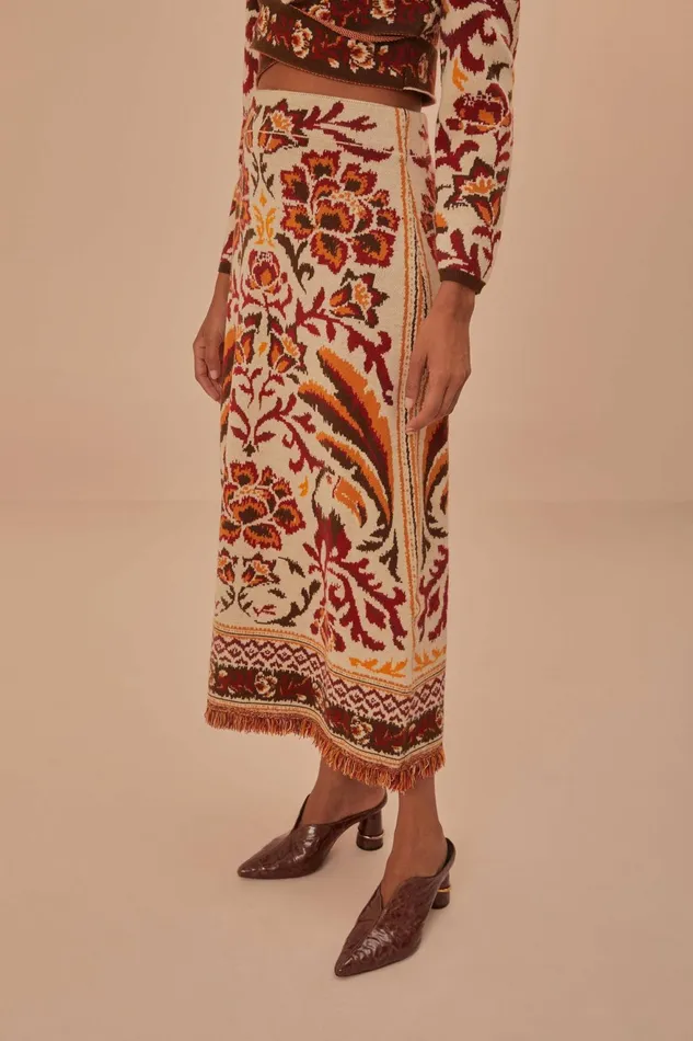 Cream Toucans Scarf Knit Midi Skirt Women Farm Rio Skirts