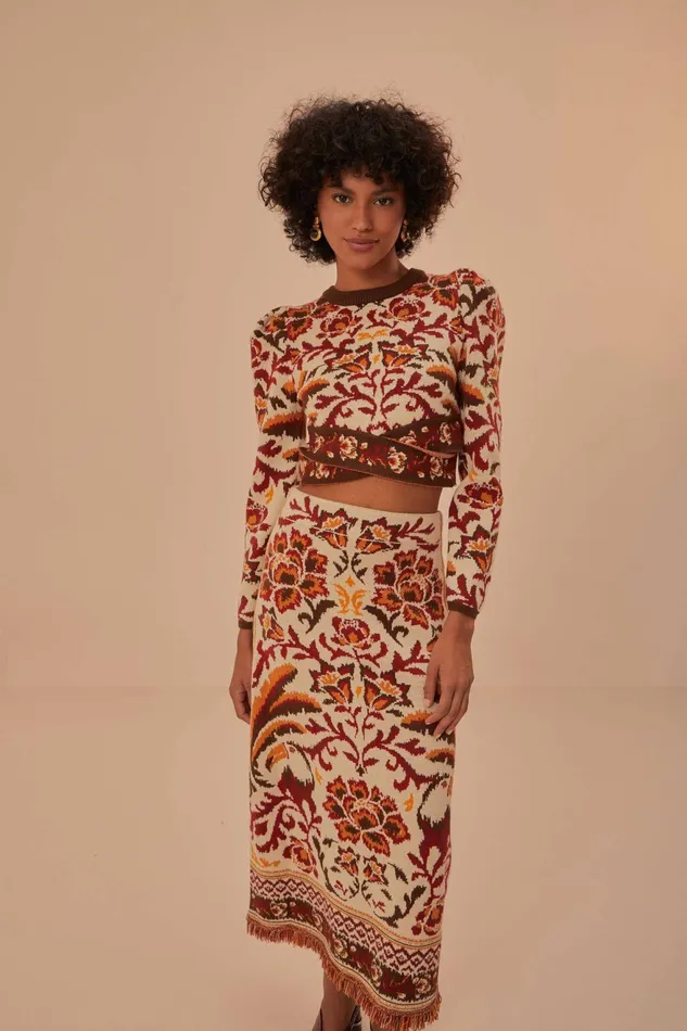 Cream Toucans Scarf Knit Midi Skirt Women Farm Rio Skirts