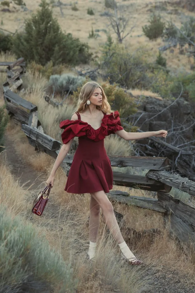 Crepe Godet Hem Mini Dress With Faille Ruffle Oxblood Every Day Dresses Mac Duggal Women