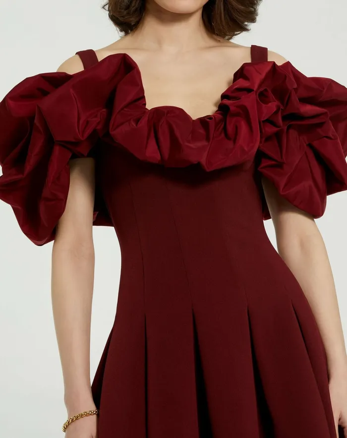 Crepe Godet Hem Mini Dress With Faille Ruffle Oxblood Every Day Dresses Mac Duggal Women