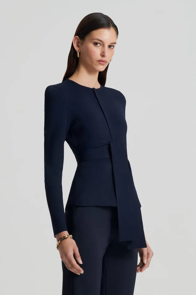 CREPE KNIT CURVED HEM JACKET NAVY Jackets Scanlan Theodore Women CREPE KNIT CURVED HEM JACKET NAVY Jackets Scanlan Theodore Women