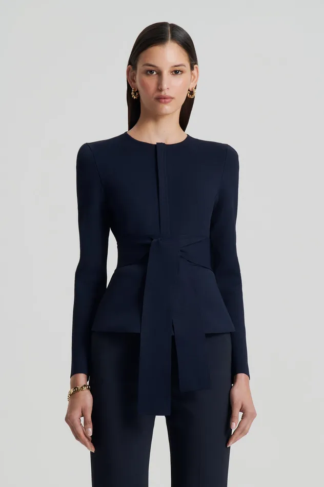 CREPE KNIT CURVED HEM JACKET NAVY Jackets Scanlan Theodore Women CREPE KNIT CURVED HEM JACKET NAVY Jackets Scanlan Theodore Women