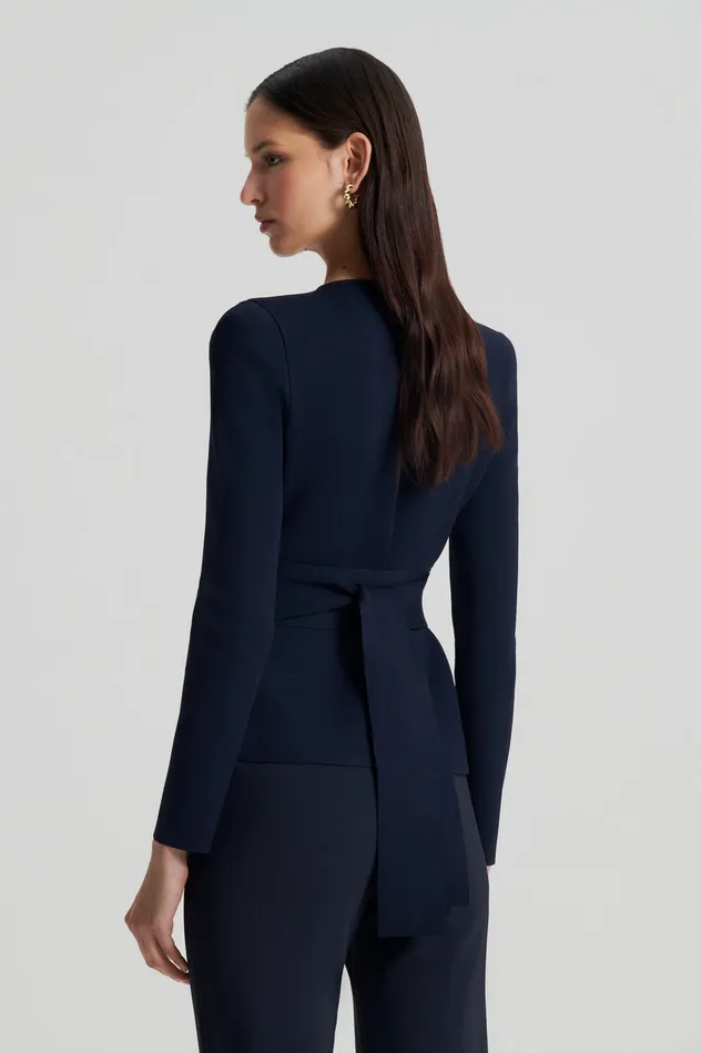 CREPE KNIT CURVED HEM JACKET NAVY Jackets Scanlan Theodore Women CREPE KNIT CURVED HEM JACKET NAVY Jackets Scanlan Theodore Women