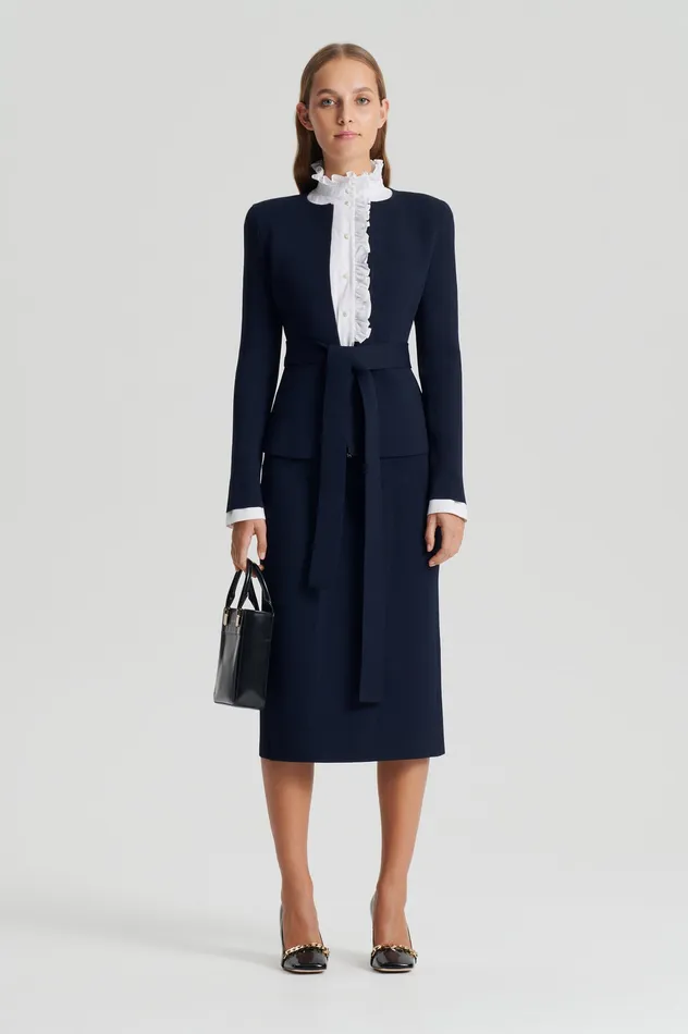 CREPE KNIT CURVED HEM JACKET NAVY Jackets Scanlan Theodore Women CREPE KNIT CURVED HEM JACKET NAVY Jackets Scanlan Theodore Women