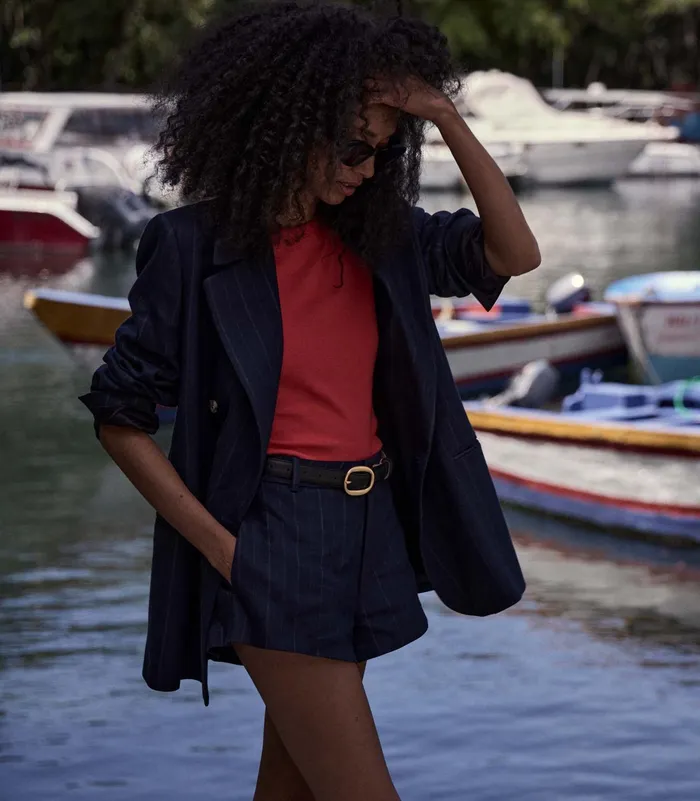DEN Danton Blazer Navy Pinstripe Women Coats and Jackets