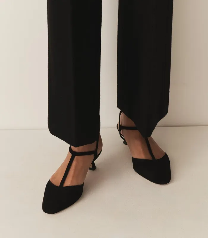 DEN Tabitha TStrap Heel Black Suede Women Shoes