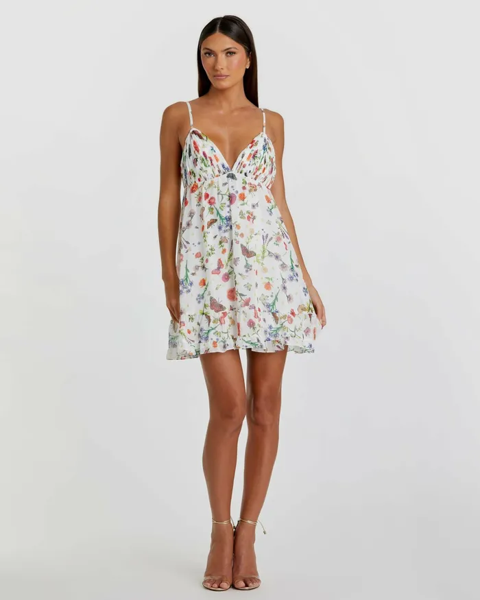 Daytime Dresses Mac Duggal Women Butterfly Print Ruffle Hem Mini Dress White Multi