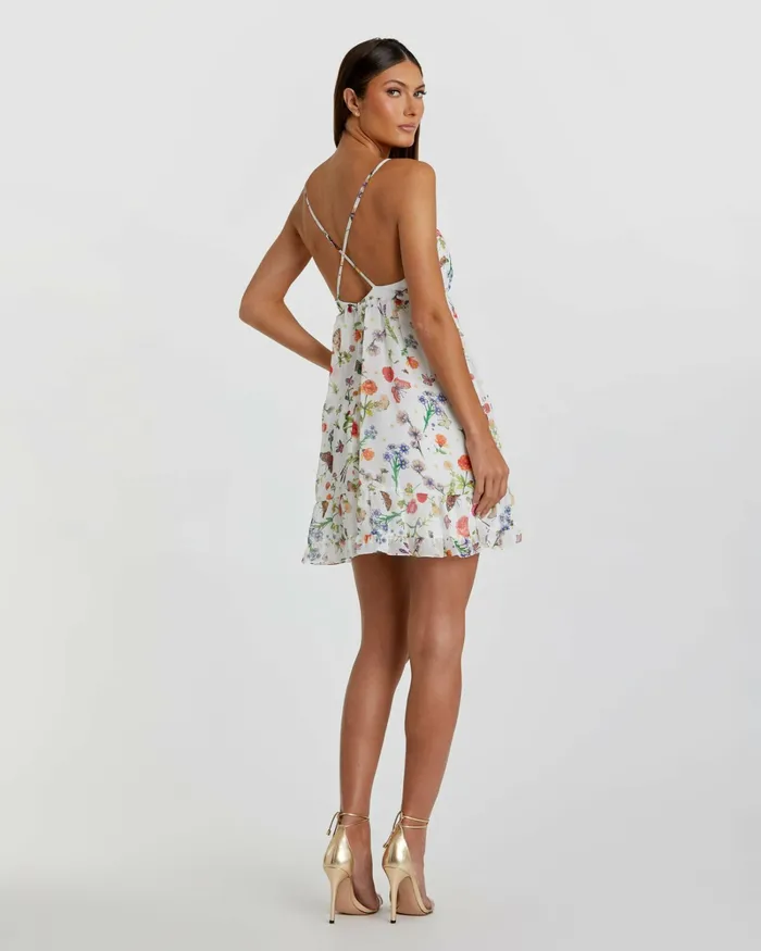 Daytime Dresses Mac Duggal Women Butterfly Print Ruffle Hem Mini Dress White Multi