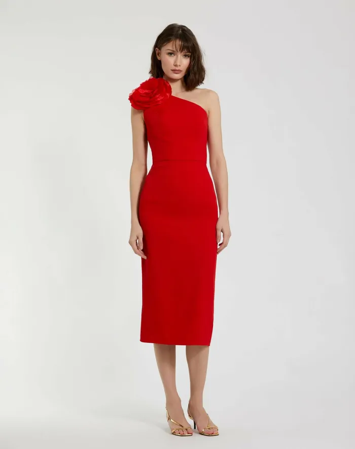 Daytime Dresses Women Crepe One Shoulder Midi Dress With Flower Cherry Mac Duggal