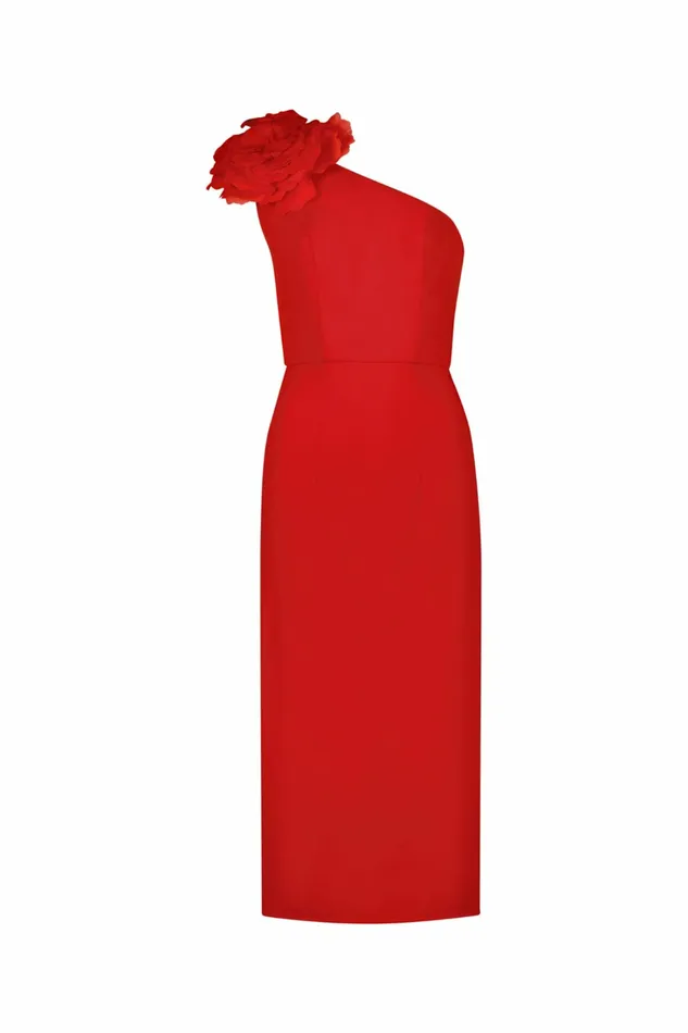 Daytime Dresses Women Crepe One Shoulder Midi Dress With Flower Cherry Mac Duggal