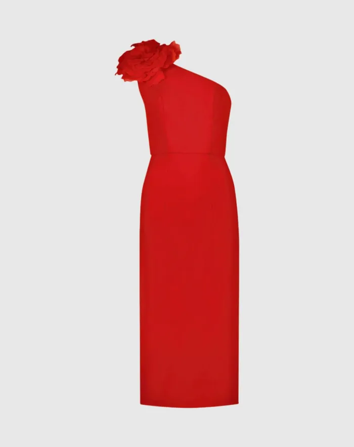 Daytime Dresses Women Crepe One Shoulder Midi Dress With Flower Cherry Mac Duggal