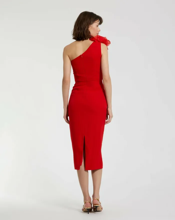 Daytime Dresses Women Crepe One Shoulder Midi Dress With Flower Cherry Mac Duggal