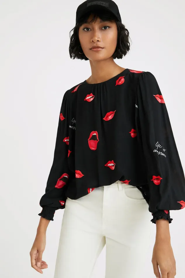 Desigual Sheer Blouse With Mouths Women Tops and Shirts