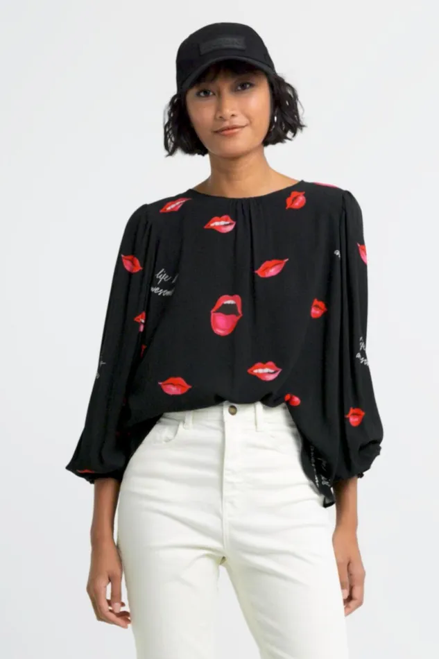 Desigual Sheer Blouse With Mouths Women Tops and Shirts