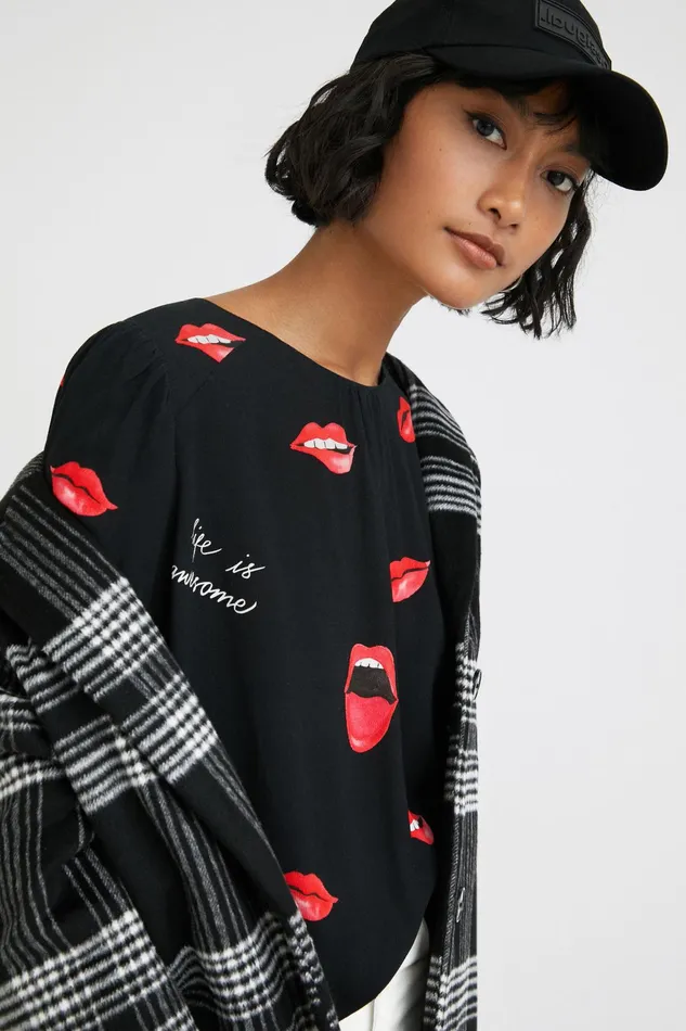 Desigual Sheer Blouse With Mouths Women Tops and Shirts