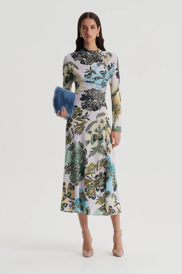 Dresses Scanlan Theodore Women SILK PRINT GATHER DRESS PALEGREY