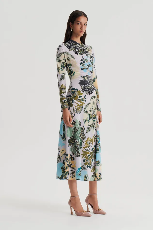 Dresses Scanlan Theodore Women SILK PRINT GATHER DRESS PALEGREY