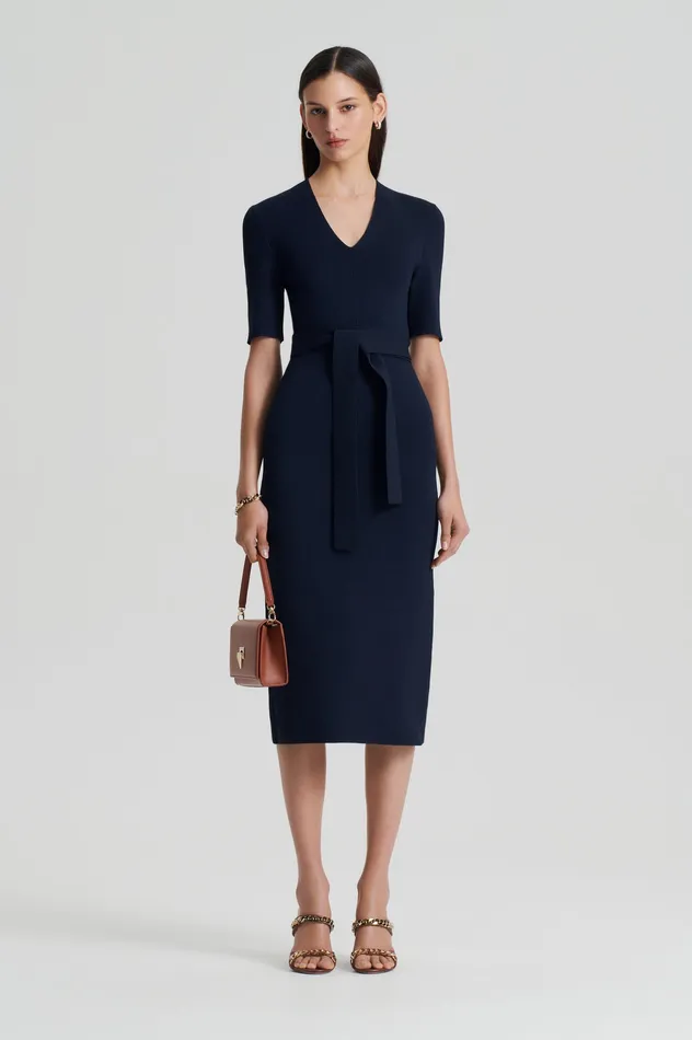 Dresses Women Scanlan Theodore CREPE KNIT V NECK DRESS NAVY