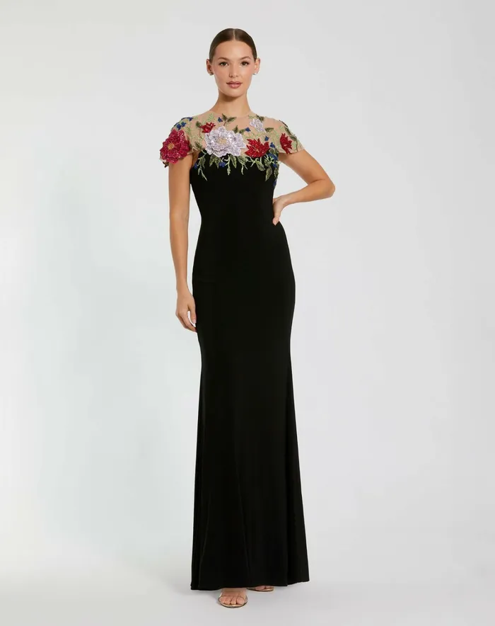 Evening Gowns Floral Embellished Jersey Fitted Gown Black Multi 8211 Mac Duggal Women