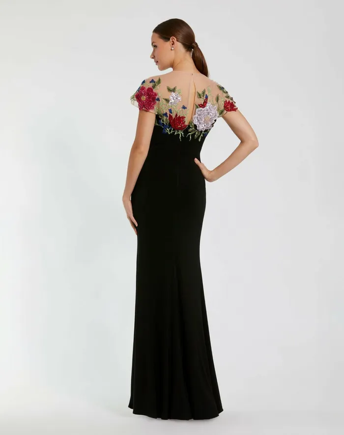Evening Gowns Floral Embellished Jersey Fitted Gown Black Multi 8211 Mac Duggal Women