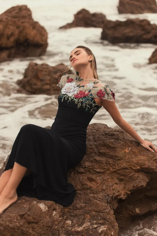 Evening Gowns Floral Embellished Jersey Fitted Gown Black Multi 8211 Mac Duggal Women