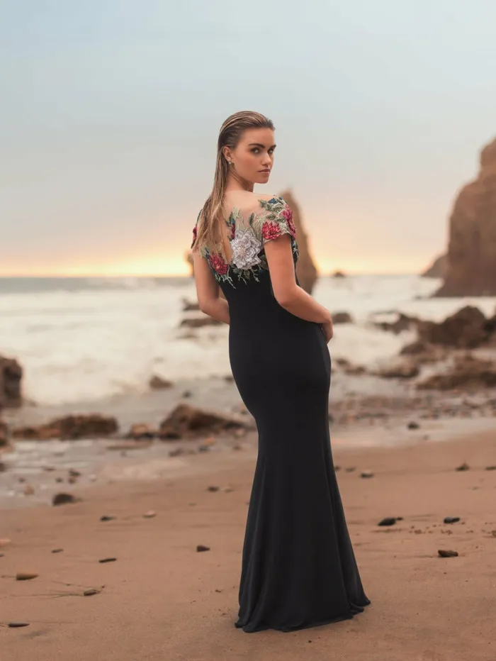 Evening Gowns Floral Embellished Jersey Fitted Gown Black Multi 8211 Mac Duggal Women