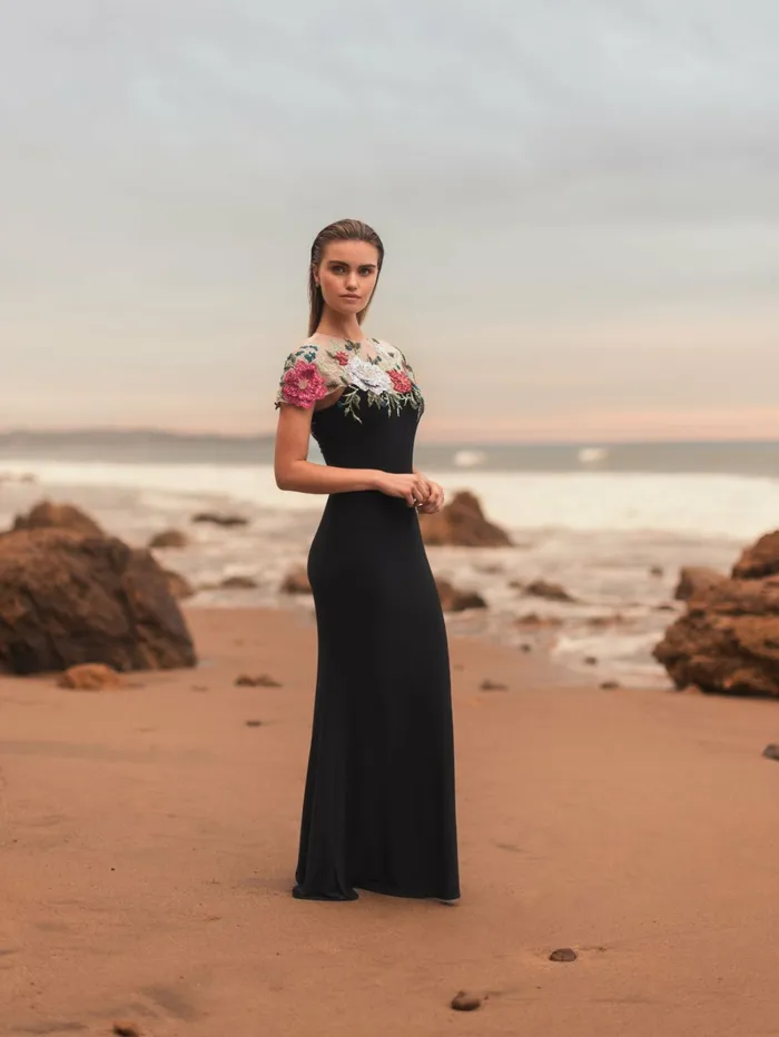 Evening Gowns Floral Embellished Jersey Fitted Gown Black Multi 8211 Mac Duggal Women