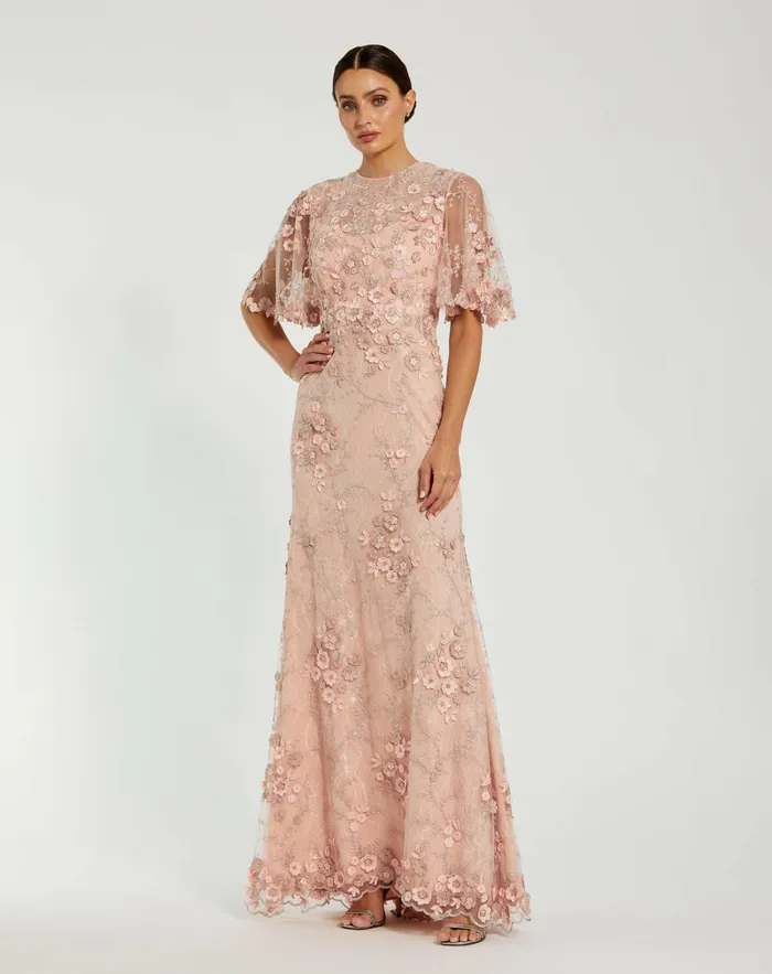Evening Gowns Flutter Sleeve Floral Embroidered Net Gown Rose Mac Duggal Women