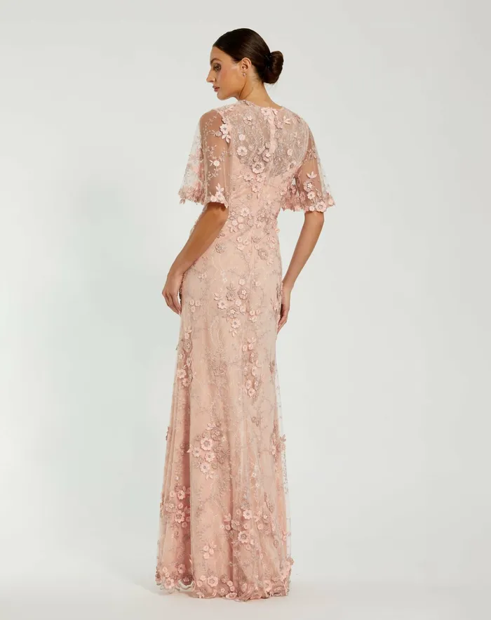 Evening Gowns Flutter Sleeve Floral Embroidered Net Gown Rose Mac Duggal Women Evening Gowns Flutter Sleeve Floral Embroidered Net Gown Rose Mac Duggal Women