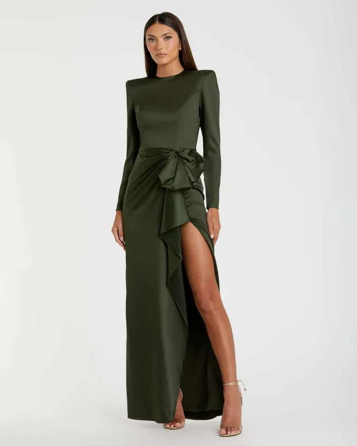 Evening Gowns Women Dark Green Long Sleeve Structured Bow Draped Gown Olive Mac Duggal