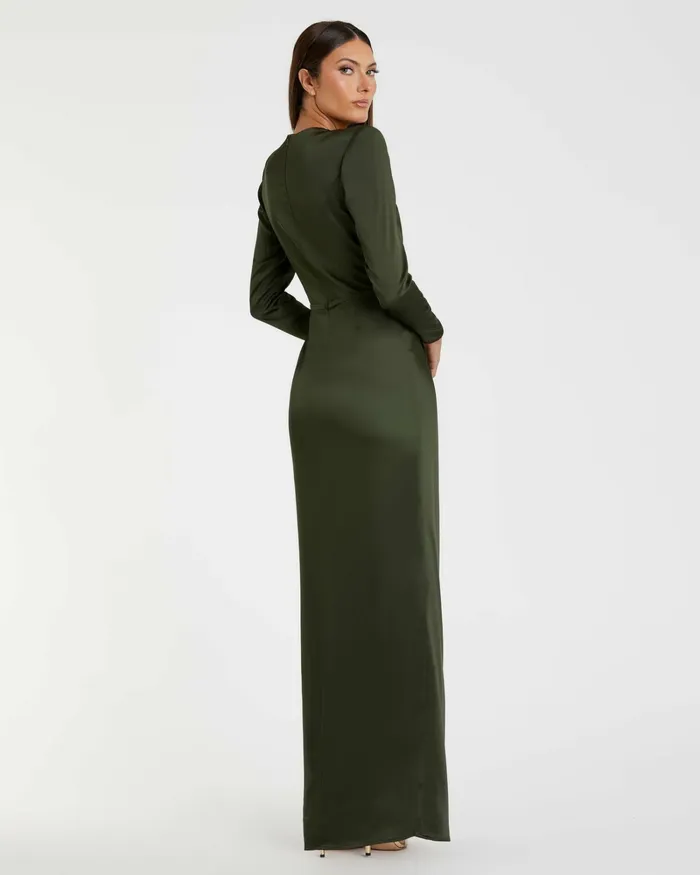 Evening Gowns Women Dark Green Long Sleeve Structured Bow Draped Gown Olive Mac Duggal