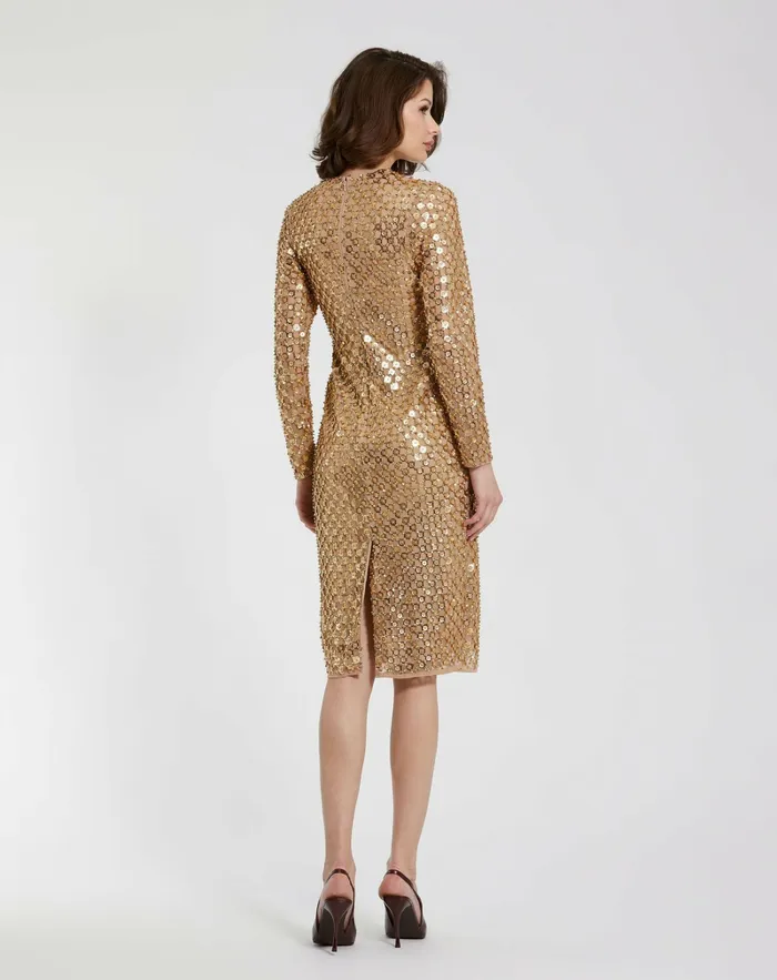 Every Day Dresses Beaded Georgette Long Sleeve Fitted Midi Dress Antique Gold 8211 Mac Duggal Women