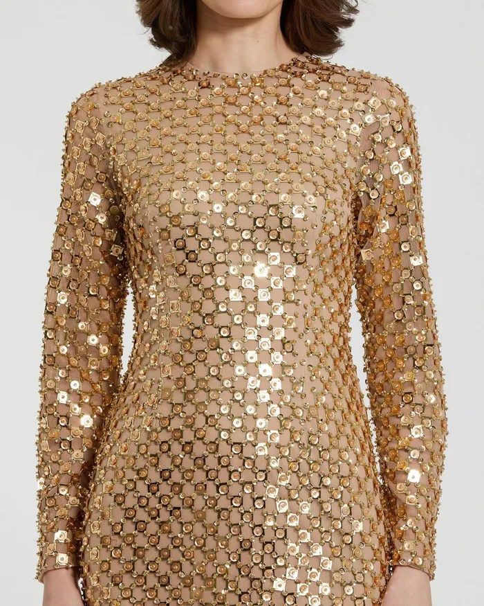 Every Day Dresses Beaded Georgette Long Sleeve Fitted Midi Dress Antique Gold 8211 Mac Duggal Women