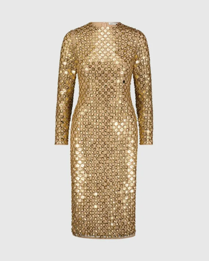 Every Day Dresses Beaded Georgette Long Sleeve Fitted Midi Dress Antique Gold 8211 Mac Duggal Women