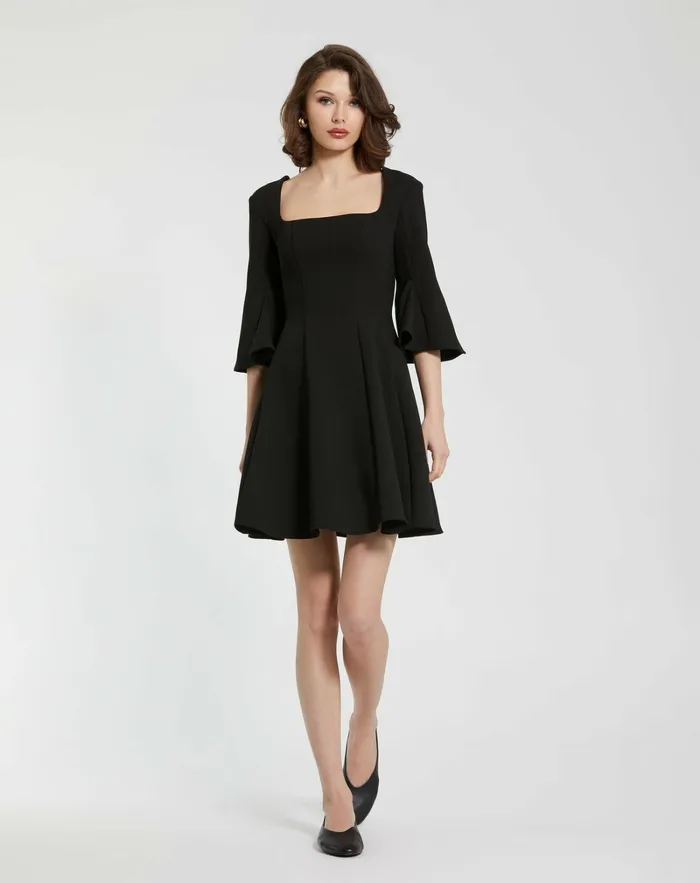 Every Day Dresses Crepe Square Neck 34 Sleeve Godet Mini Dress Black Mac Duggal Women
