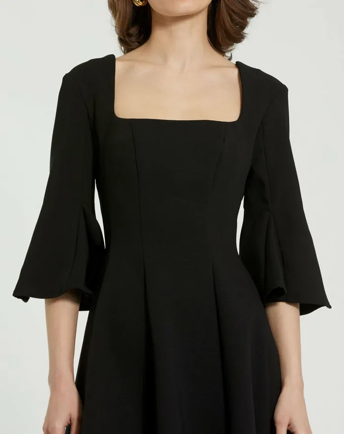 Every Day Dresses Crepe Square Neck 34 Sleeve Godet Mini Dress Black Mac Duggal Women
