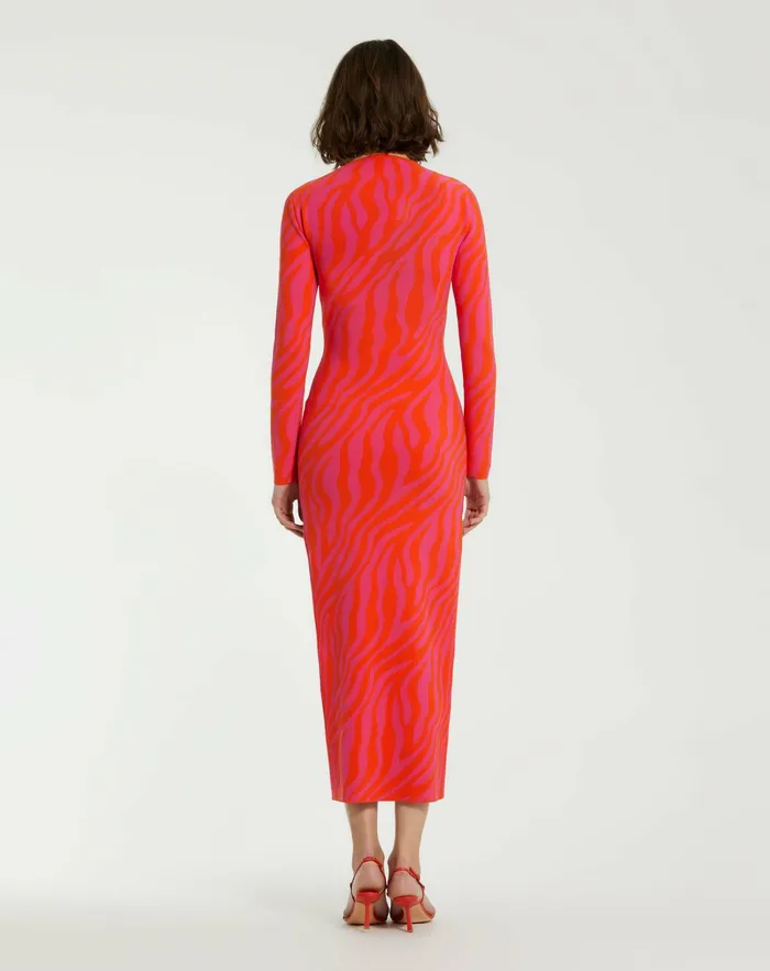 Every Day Dresses Women Fitted Long Sleeve Zebra Print Knit Maxi Dress 8211 FINAL SALE Hot Pink Sunset Mac Duggal