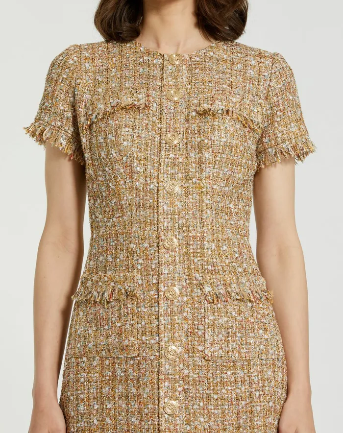 Every Day Dresses Women Mac Duggal Boucle Short Sleeve Mini Dress With Pockets Latte Multi