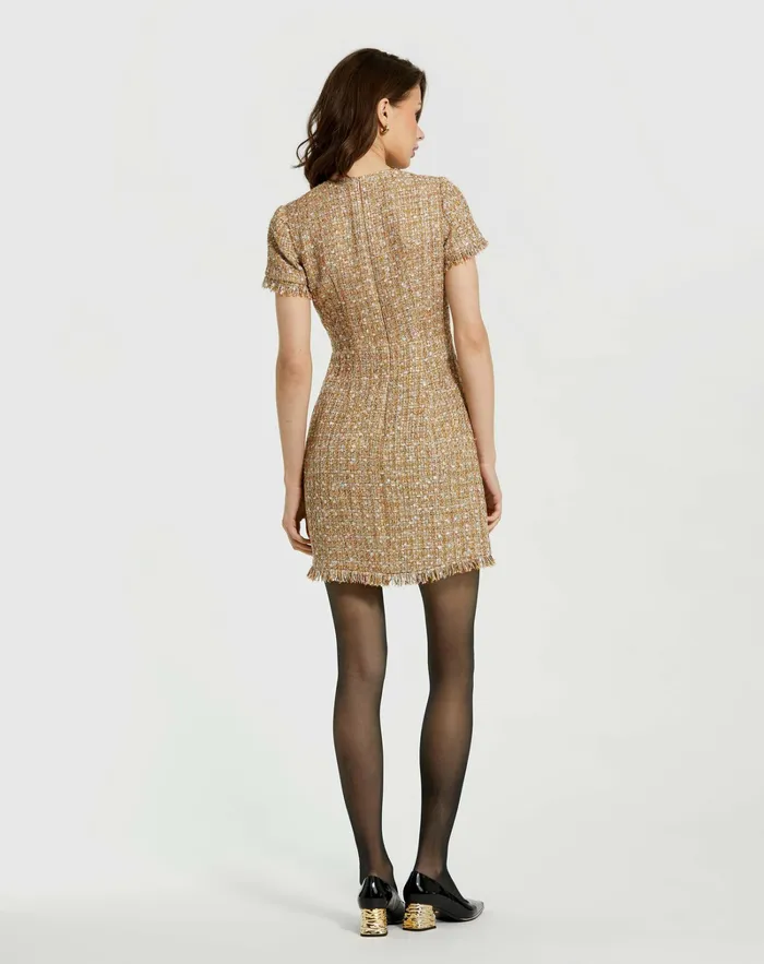 Every Day Dresses Women Mac Duggal Boucle Short Sleeve Mini Dress With Pockets Latte Multi