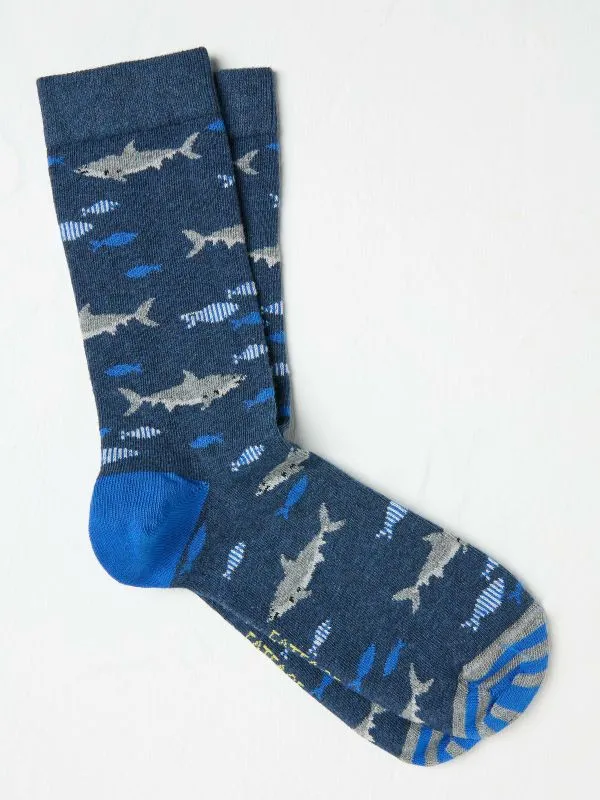 Fat Face Socks Men Blue Navy Shark Socks