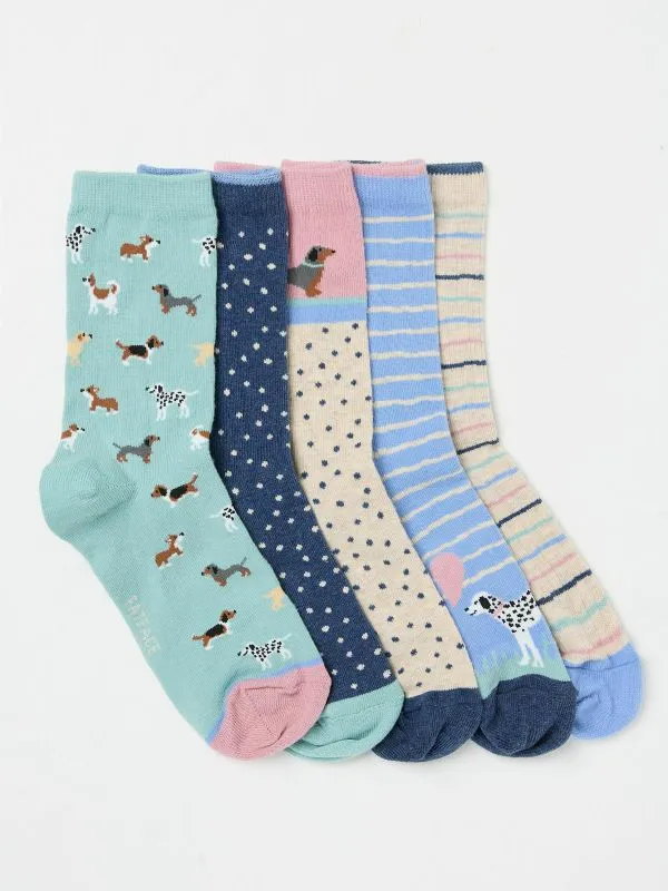 Fat Face Socks Women Multi Colour 5 Pairs Of Dog Socks