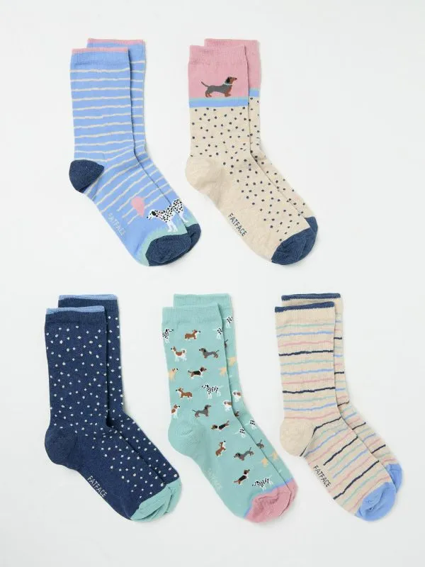 Fat Face Socks Women Multi Colour 5 Pairs Of Dog Socks