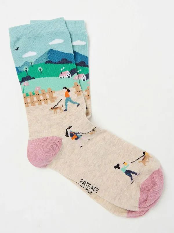 Fat Face Socks Women Oatmeal Dog Walker Scene Socks
