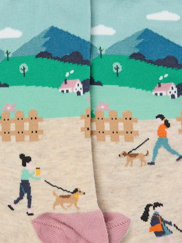 Fat Face Socks Women Oatmeal Dog Walker Scene Socks