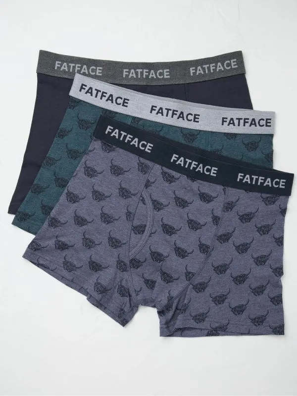 Fat Face Underwear Men Blue Highland Cow Cotton Boxers 3 Pack
