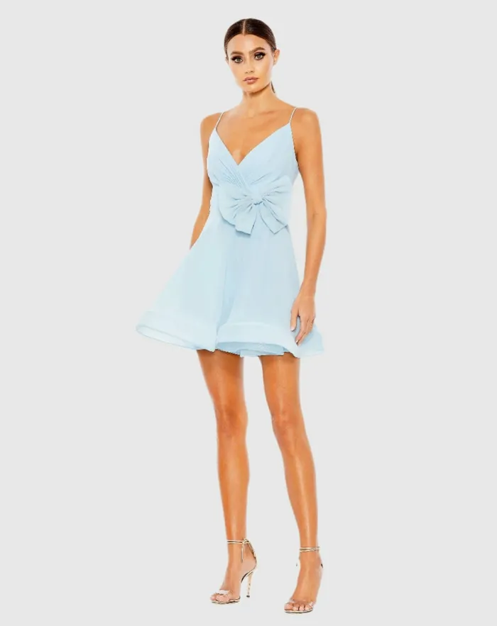 Faux Wrap Bow Detail Flowy Mini Dress Powder Blue Women Daytime Dresses Mac Duggal