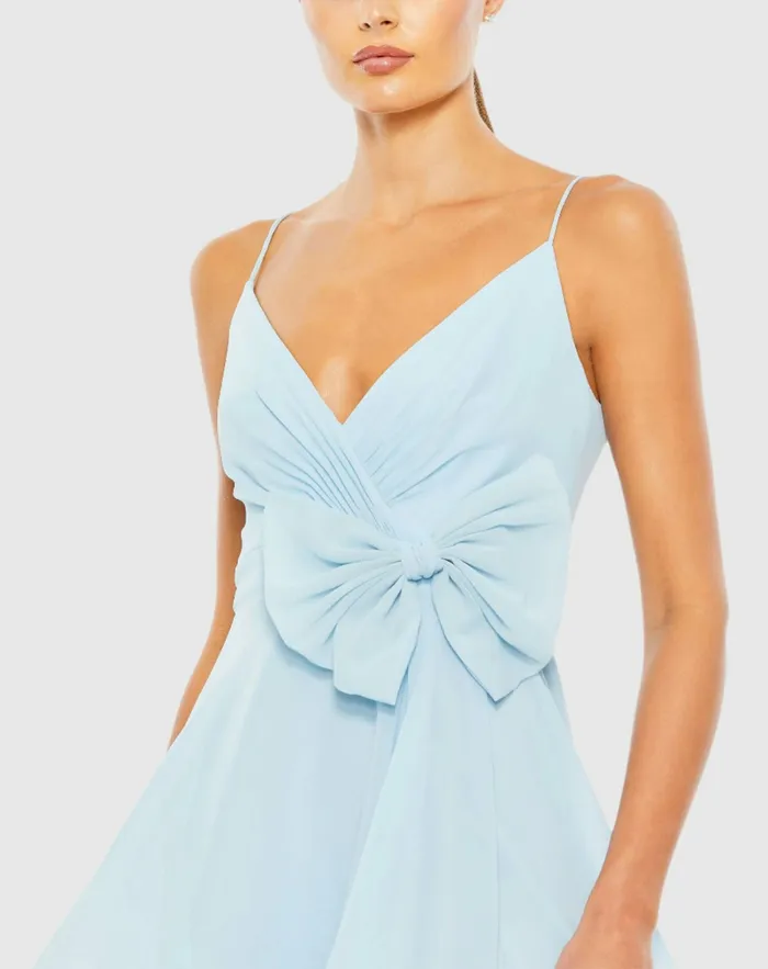 Faux Wrap Bow Detail Flowy Mini Dress Powder Blue Women Daytime Dresses Mac Duggal